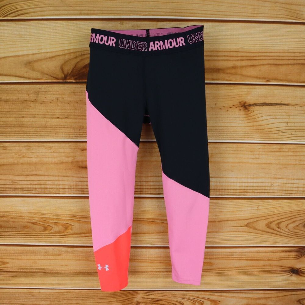 Under Armour Leggings Girls Size YLG Black Pink Colorblock Elastic Waist Stretch